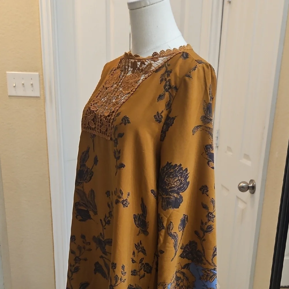 Altar'd State Golden and Blue Floral Long Sleeve Boho Dress with Crotchet Detail - Picture 4 of 8